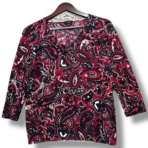 Talbots Women's Paisley V-Neck Blouse Multicolor Size L Boho Chic Retro 90s